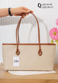 N149 — Beige Cognac woven-pattern shoulder tote front, 38 × 21 (Beige Cognac)