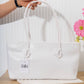 N149 — White woven-pattern shoulder tote front, 38 × 21 (White)