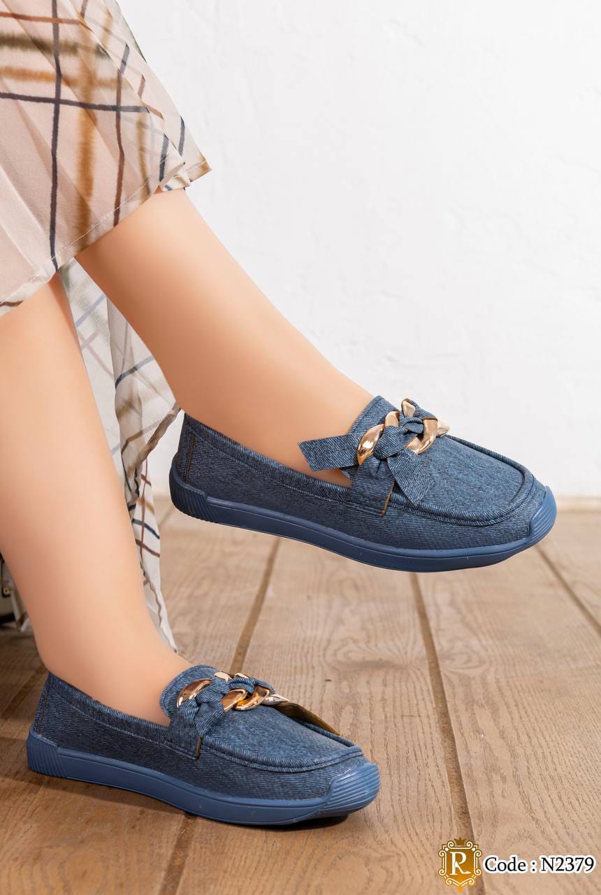 N2379 — Blue chain and bow loafers side view, 37, 38, 39, 40, 41 (Blue)