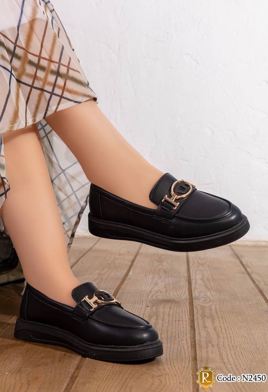 N2450 — Black metal detail loafers worn view, 37, 38, 39, 40, 41 (Black)