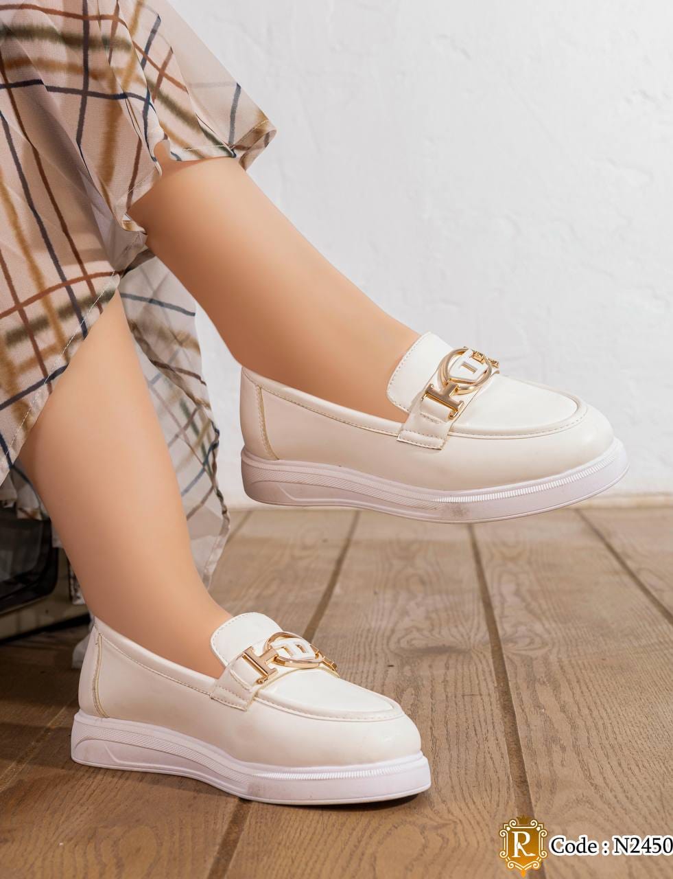 N2450 — White metal detail loafers worn view, 37, 38, 39, 40, 41 (White)