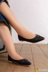 N2539 — Black pointed flats with gold-tone detail pair view, 37, 38, 39, 40, 41 (Black)
