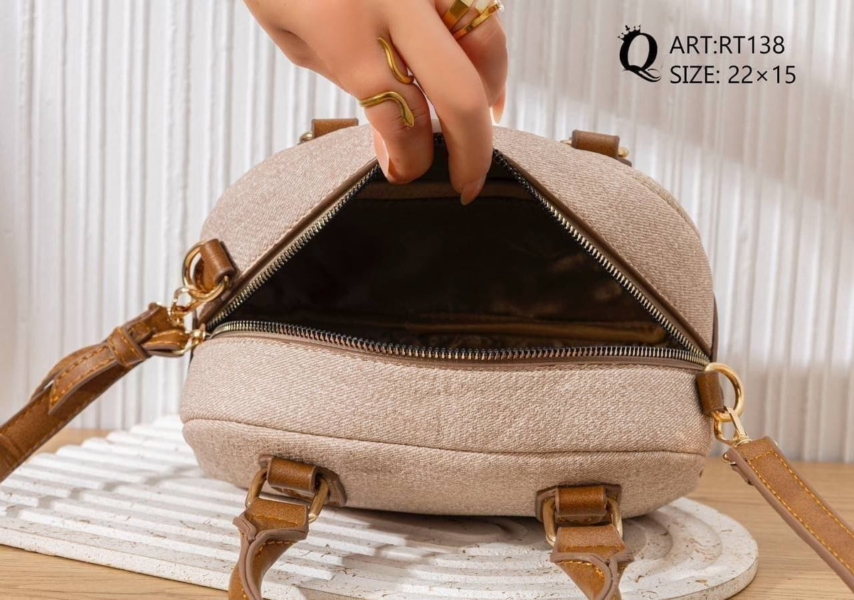 RT138 — Cream and Tan dome top handle bag interior, 22 × 15 (Cream and Tan)