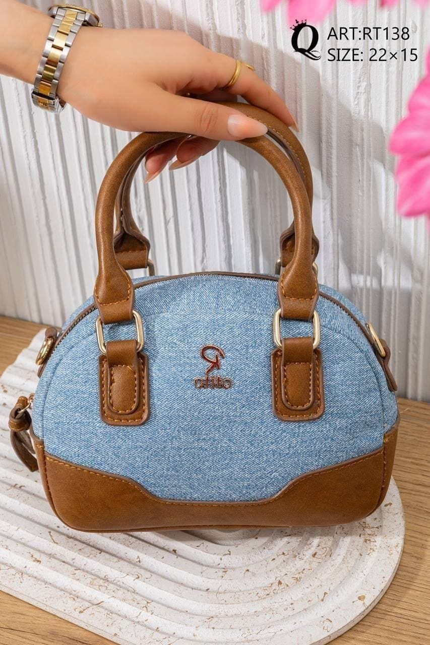 RT138 — Light Blue and Tan dome top handle bag front, 22 × 15 (Light Blue and Tan)