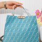 X199 — Turquoise patterned top-handle tote front, 34 × 26 (Turquoise)