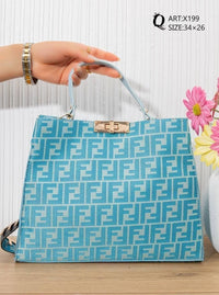 X199 — Turquoise patterned top-handle tote front, 34 × 26 (Turquoise)