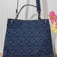 X199 — Navy patterned top-handle tote front, 34 × 26 (Navy)