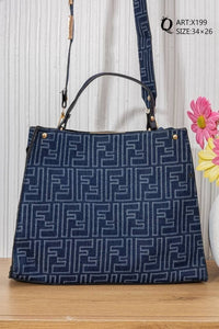 X199 — Navy patterned top-handle tote front, 34 × 26 (Navy)