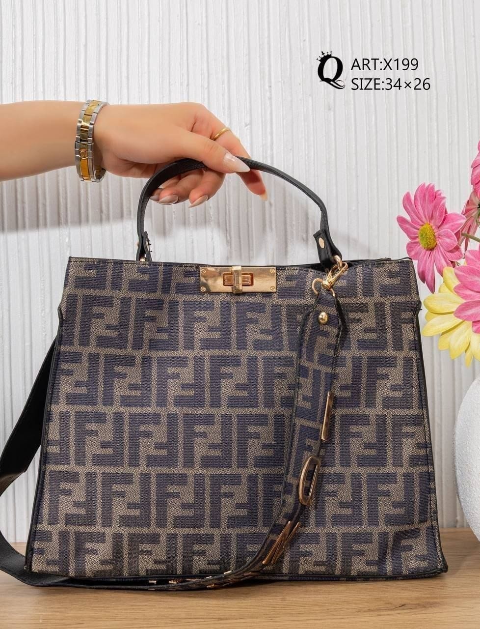 X199 — Taupe patterned top-handle tote front, 34 × 26 (Taupe)