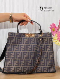 X199 — Taupe patterned top-handle tote front, 34 × 26 (Taupe)