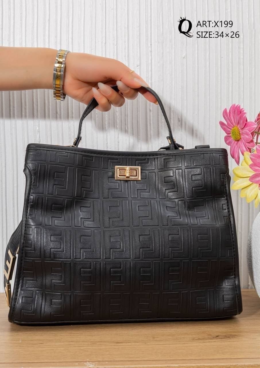 X199 — Black patterned top-handle tote front, 34 × 26 (Black)