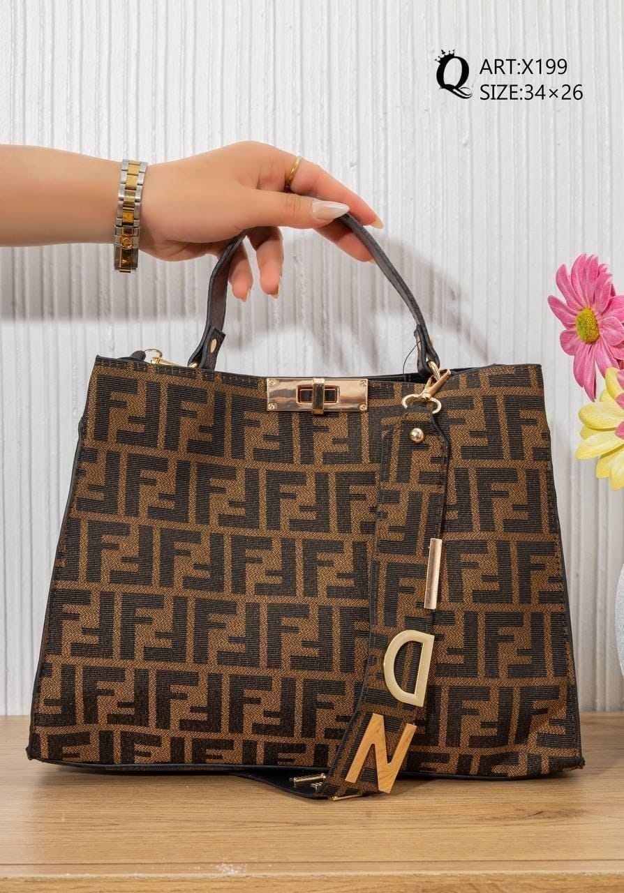 X199 — Brown patterned top-handle tote front, 34 × 26 (Brown)