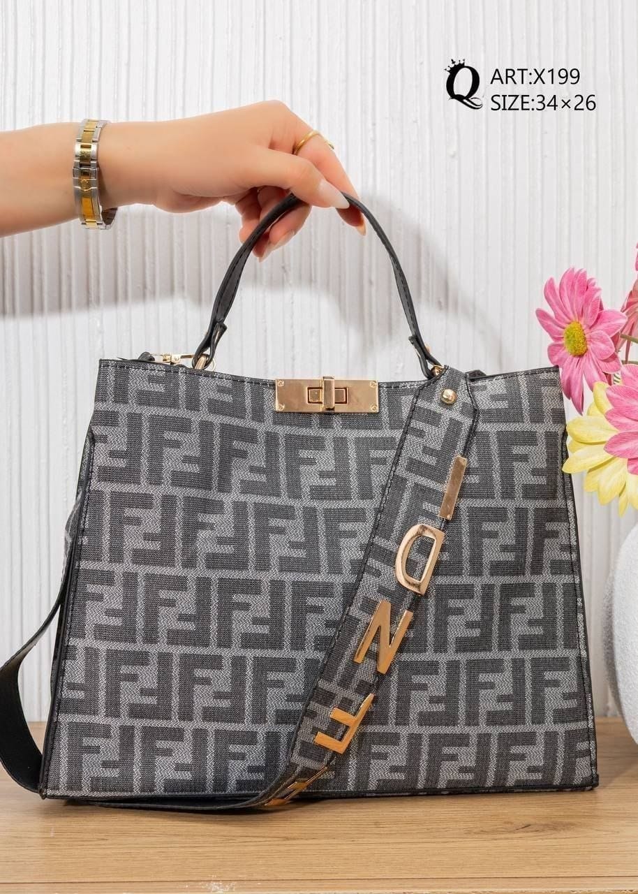 X199 — Grey patterned top-handle tote reverse, 34 × 26 (Grey)