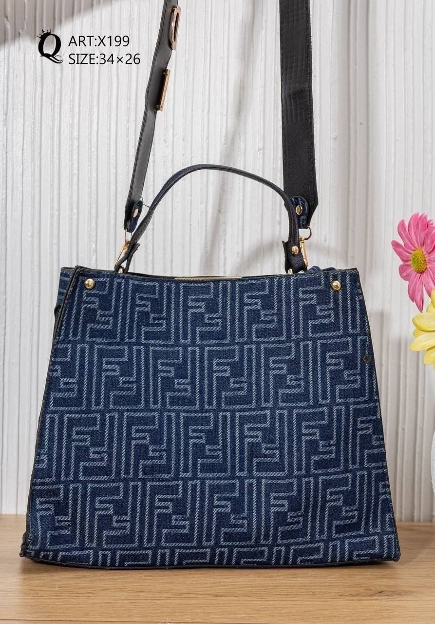 X199 — Navy patterned top-handle tote alternate, 34 × 26 (Navy)