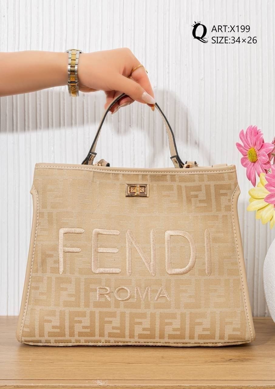 X199 — Beige patterned top-handle tote front, 34 × 26 (Beige)