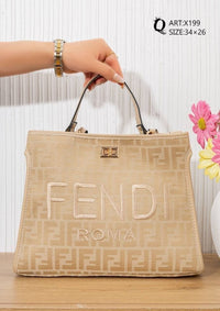 X199 — Beige patterned top-handle tote front, 34 × 26 (Beige)
