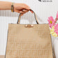 X199 — Beige patterned top-handle tote reverse, 34 × 26 (Beige)