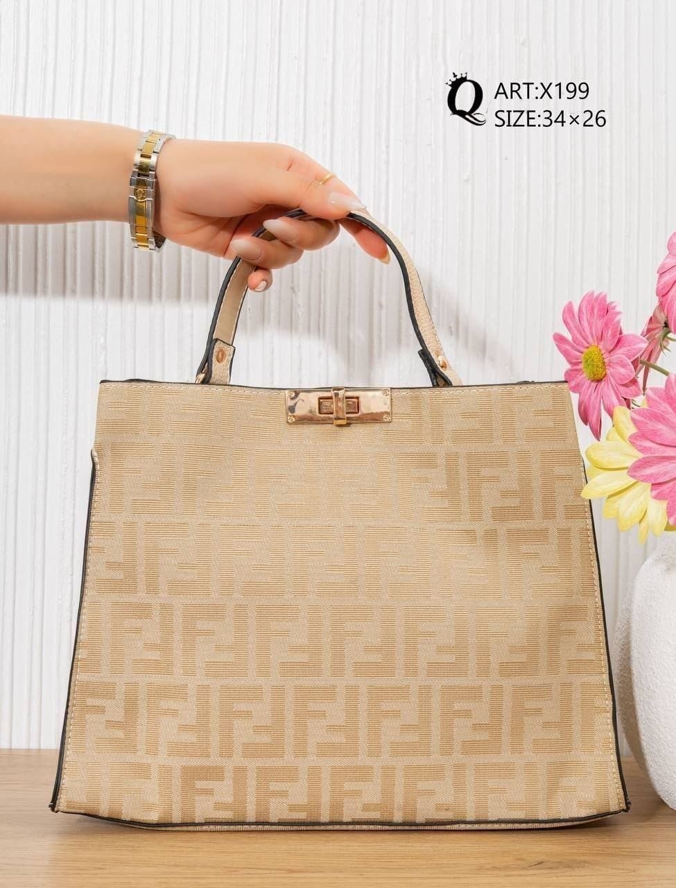 X199 — Beige patterned top-handle tote reverse, 34 × 26 (Beige)