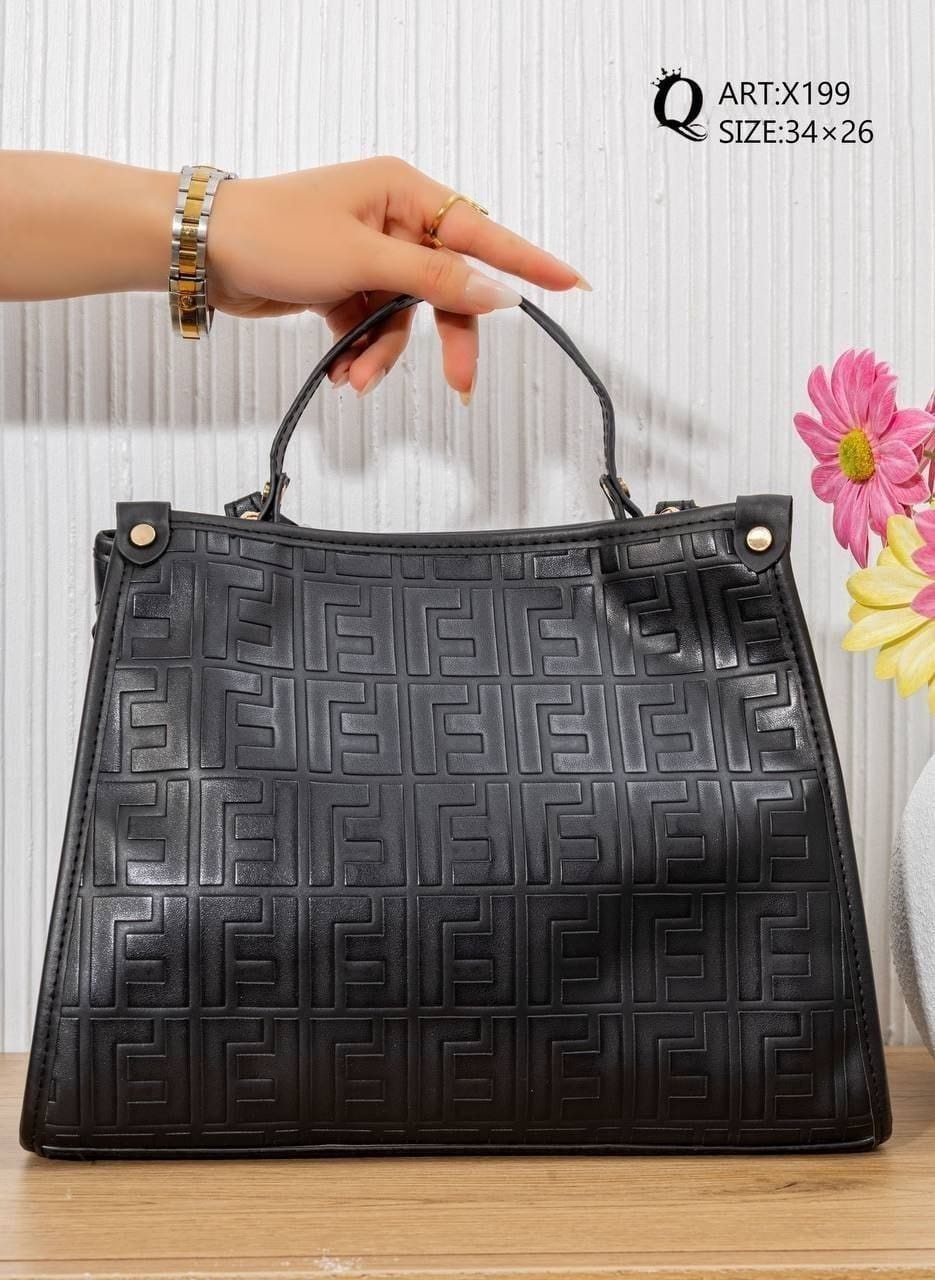 X199 — Black patterned top-handle tote reverse, 34 × 26 (Black)