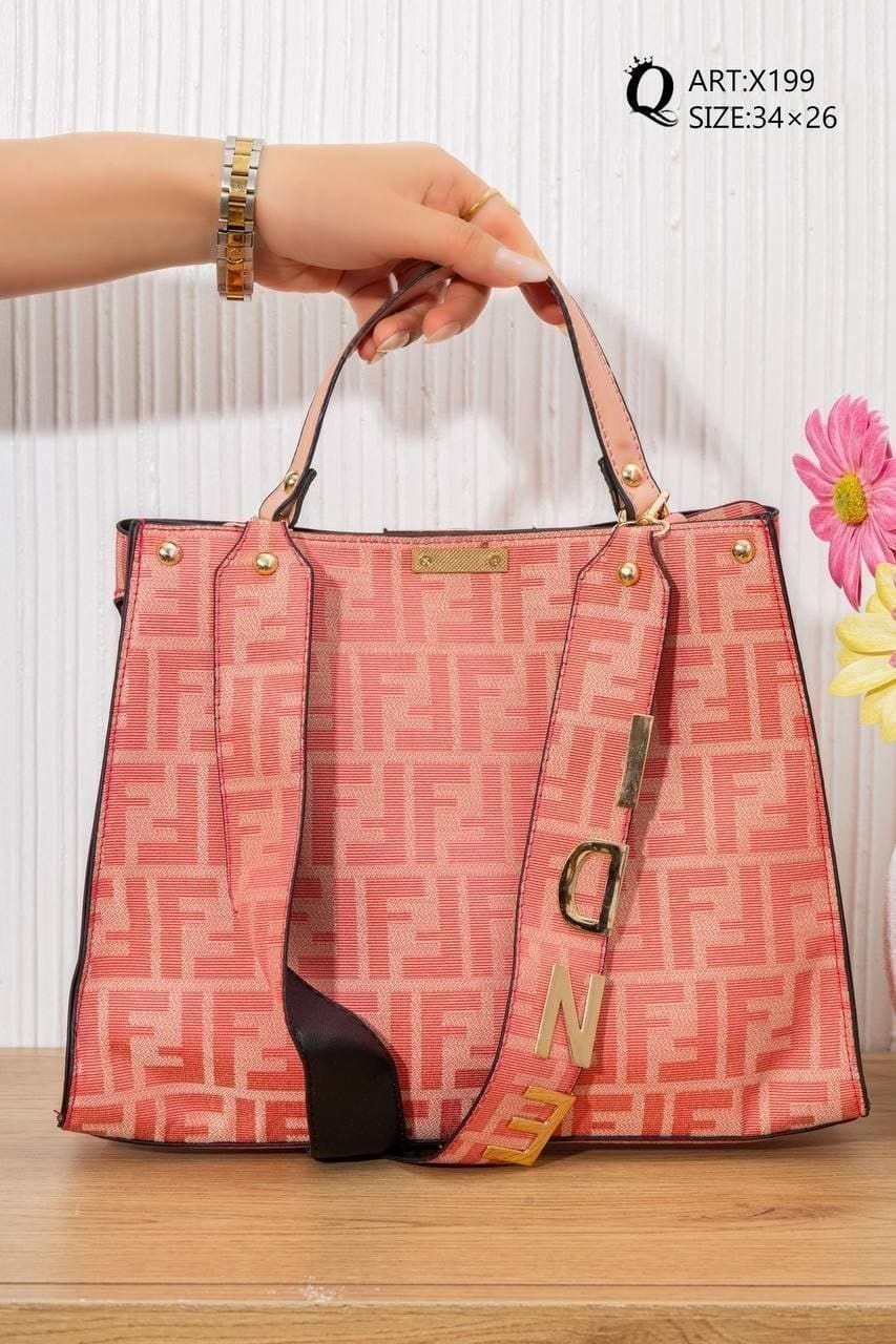 X199 — Coral patterned top-handle tote front, 34 × 26 (Coral)