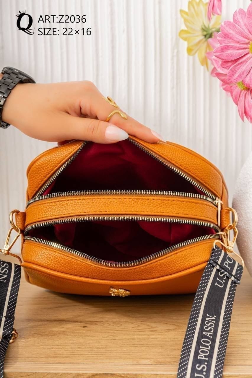 Z2036 — Orange crossbody bag interior with two zip compartments (Orange)